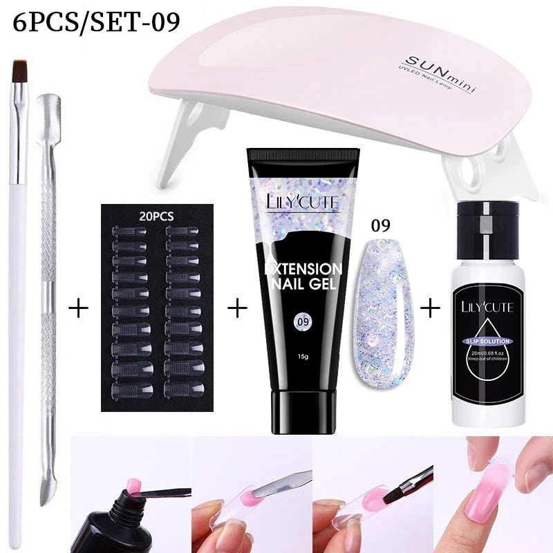 LILYCUTE 15ML Nagelverlängerungs-Set mit UV-Lampe – Komplettes Maniküre-Kit