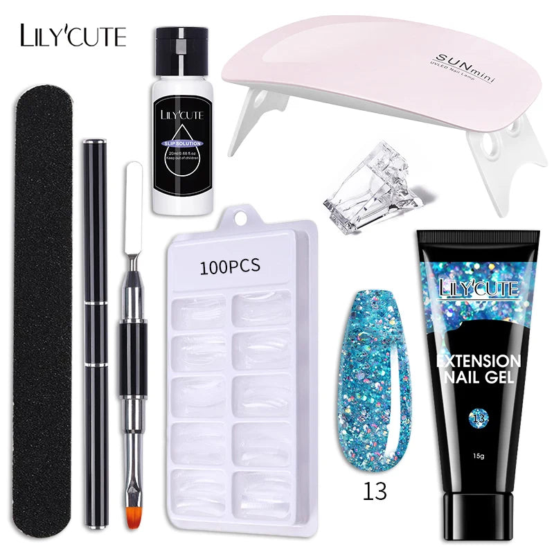 LILYCUTE 15ML Nagelverlängerungs-Set mit UV-Lampe – Komplettes Maniküre-Kit