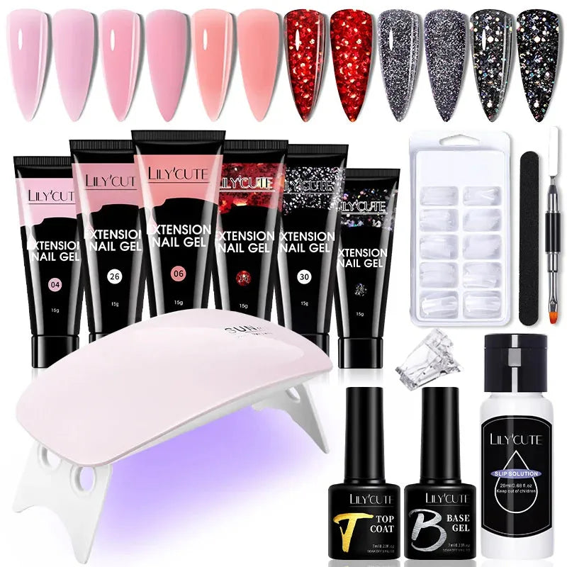 LILYCUTE 15ML Nagelverlängerungs-Set mit UV-Lampe – Komplettes Maniküre-Kit