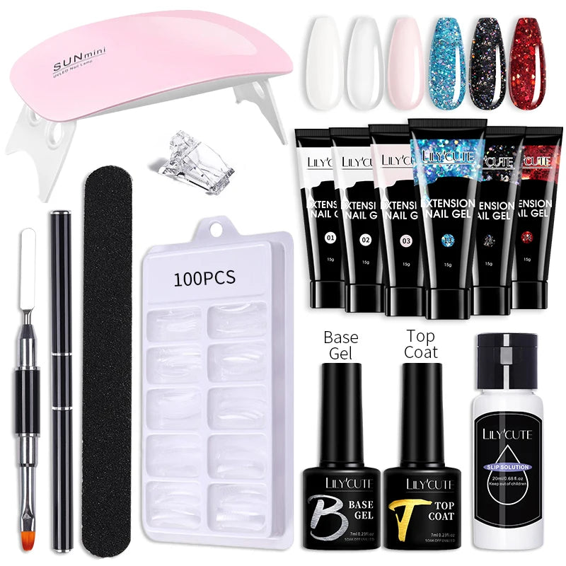 LILYCUTE 15ML Nagelverlängerungs-Set mit UV-Lampe – Komplettes Maniküre-Kit