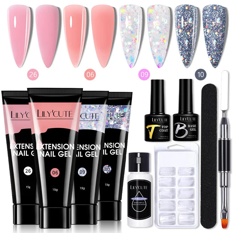 LILYCUTE 15ML Nagelverlängerungs-Set mit UV-Lampe – Komplettes Maniküre-Kit