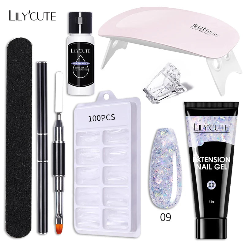 LILYCUTE 15ML Nagelverlängerungs-Set mit UV-Lampe – Komplettes Maniküre-Kit