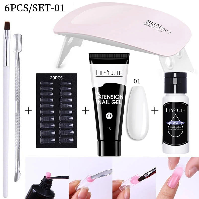 LILYCUTE 15ML Nagelverlängerungs-Set mit UV-Lampe – Komplettes Maniküre-Kit