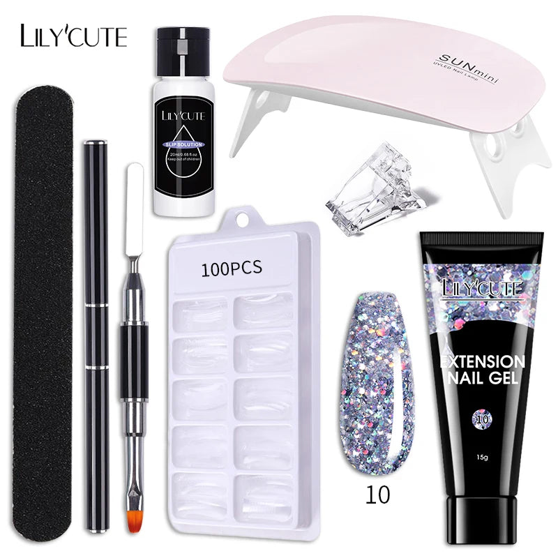 LILYCUTE 15ML Nagelverlängerungs-Set mit UV-Lampe – Komplettes Maniküre-Kit