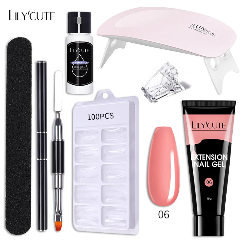 LILYCUTE 15ML Nagelverlängerungs-Set mit UV-Lampe – Komplettes Maniküre-Kit