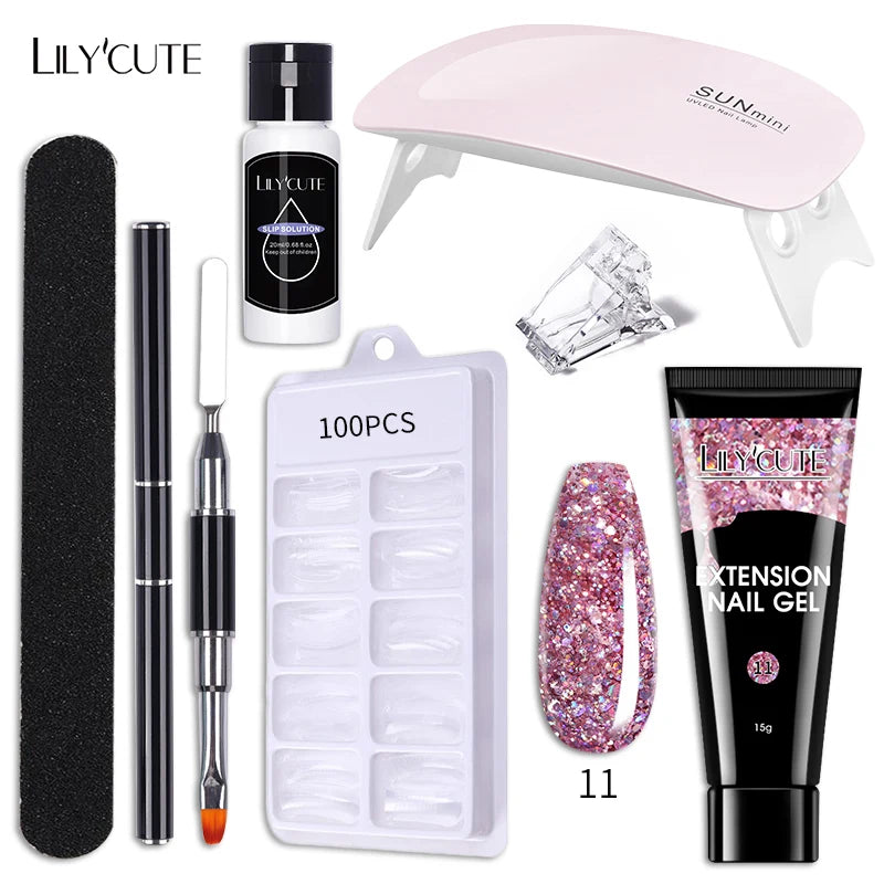 LILYCUTE 15ML Nagelverlängerungs-Set mit UV-Lampe – Komplettes Maniküre-Kit