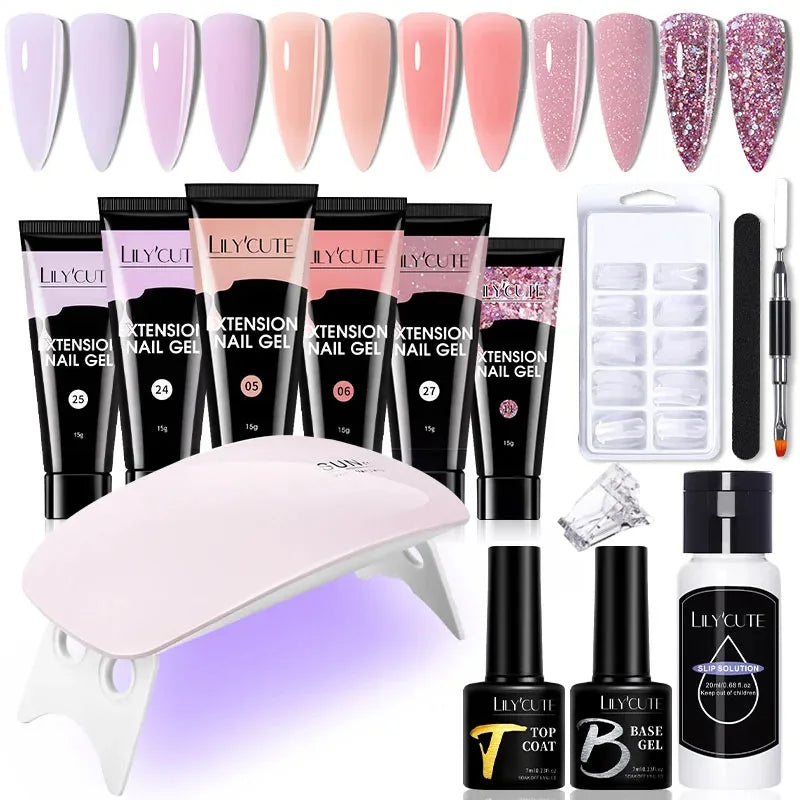 LILYCUTE 15ML Nagelverlängerungs-Set mit UV-Lampe – Komplettes Maniküre-Kit