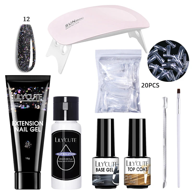 LILYCUTE 15ML Nagelverlängerungs-Set mit UV-Lampe – Komplettes Maniküre-Kit