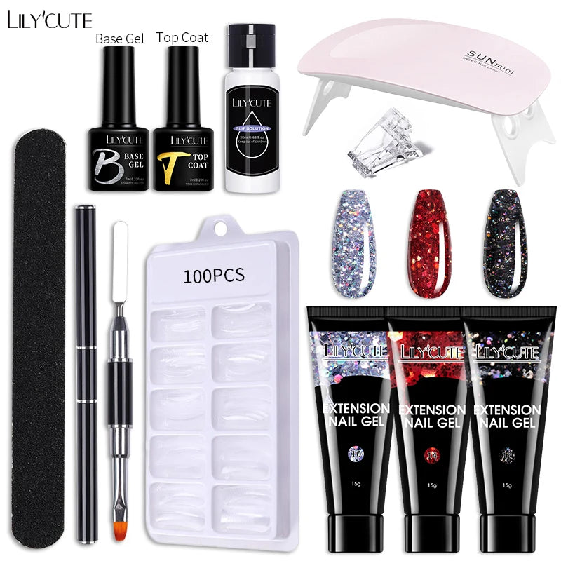 LILYCUTE 15ML Nagelverlängerungs-Set mit UV-Lampe – Komplettes Maniküre-Kit