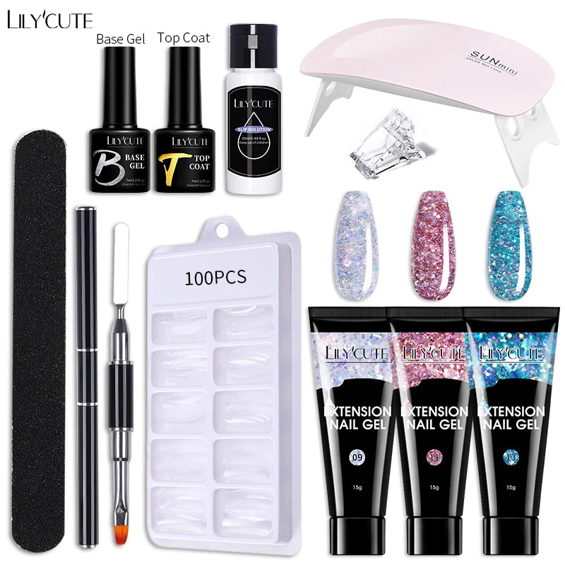 LILYCUTE 15ML Nagelverlängerungs-Set mit UV-Lampe – Komplettes Maniküre-Kit