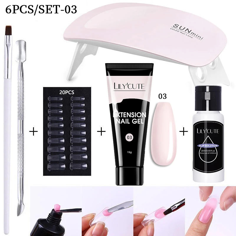 LILYCUTE 15ML Nagelverlängerungs-Set mit UV-Lampe – Komplettes Maniküre-Kit