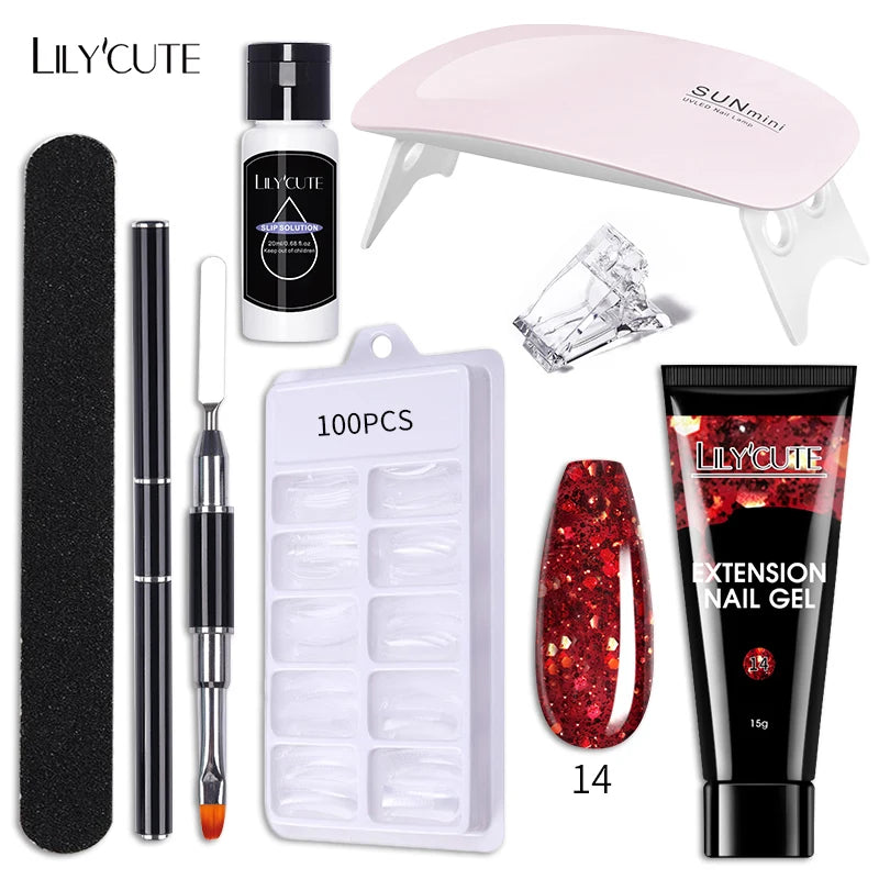 LILYCUTE 15ML Nagelverlängerungs-Set mit UV-Lampe – Komplettes Maniküre-Kit